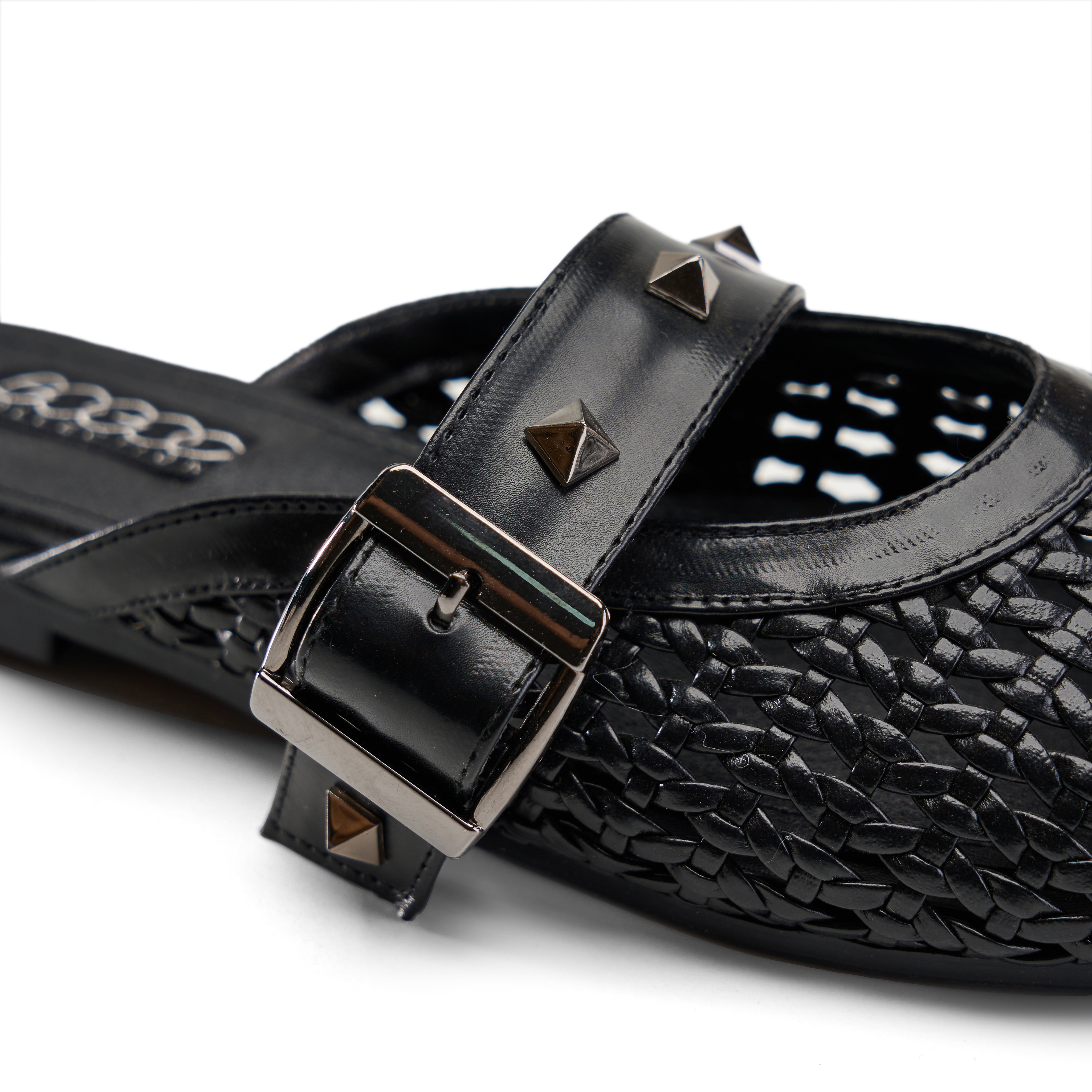 Studded Buckle Woven Mules - Black
