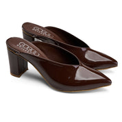 Glossy Block-Heel Pointed Mules - Brown
