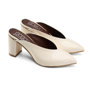 Glossy Block-Heel Pointed Mules - Beige
