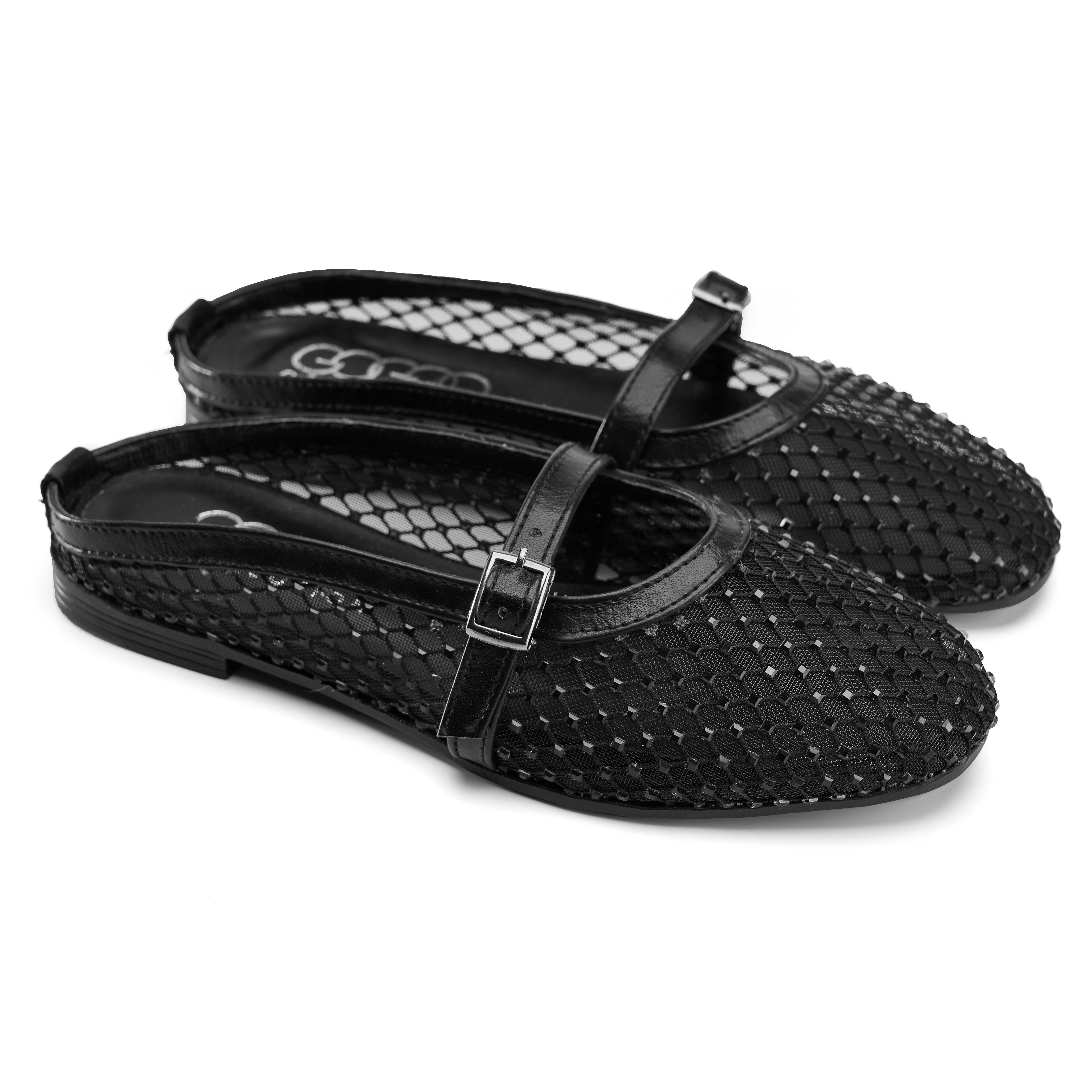 Sparkly Sheer Strap Ballerinas - Black
