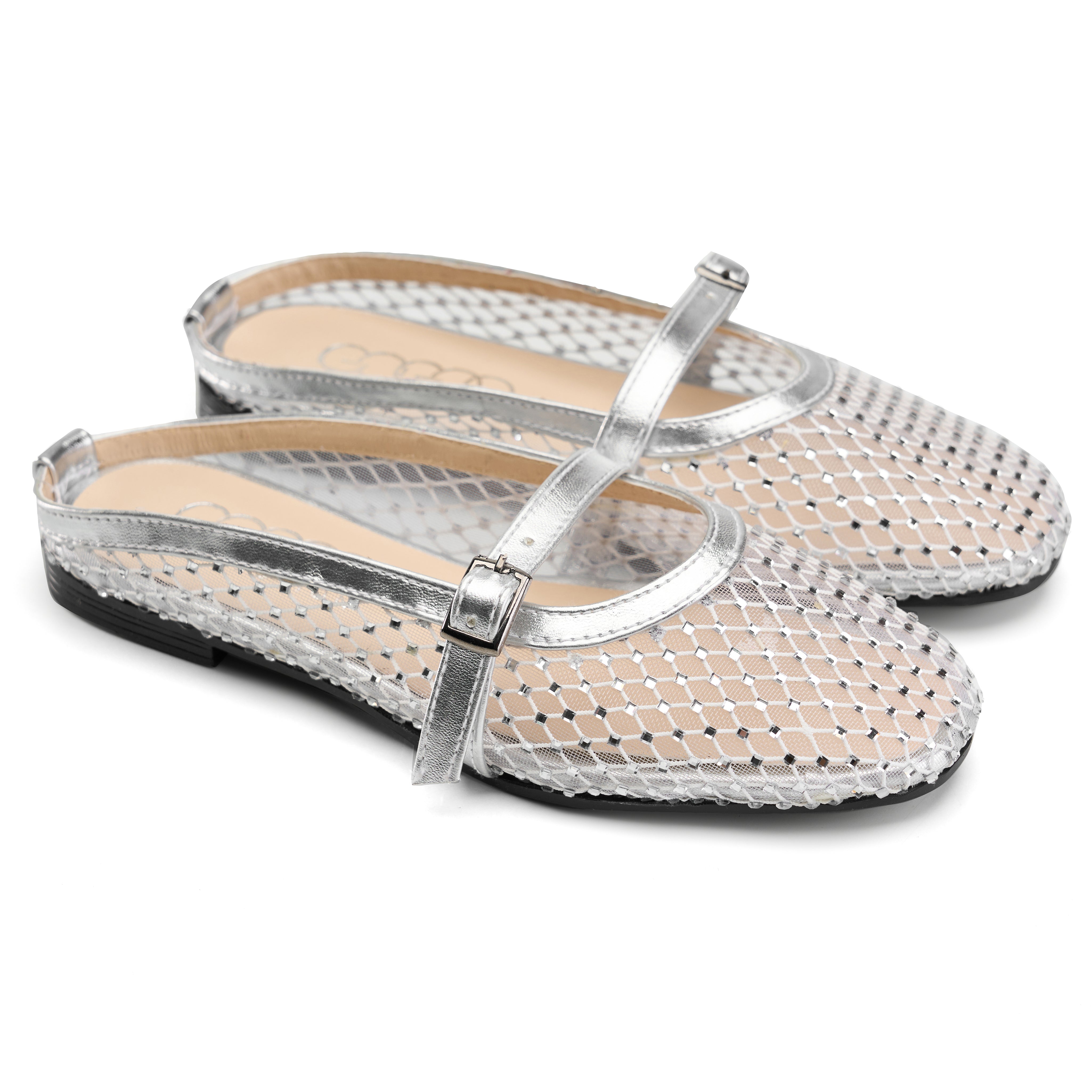 Sparkly Sheer Strap Ballerinas - Silver