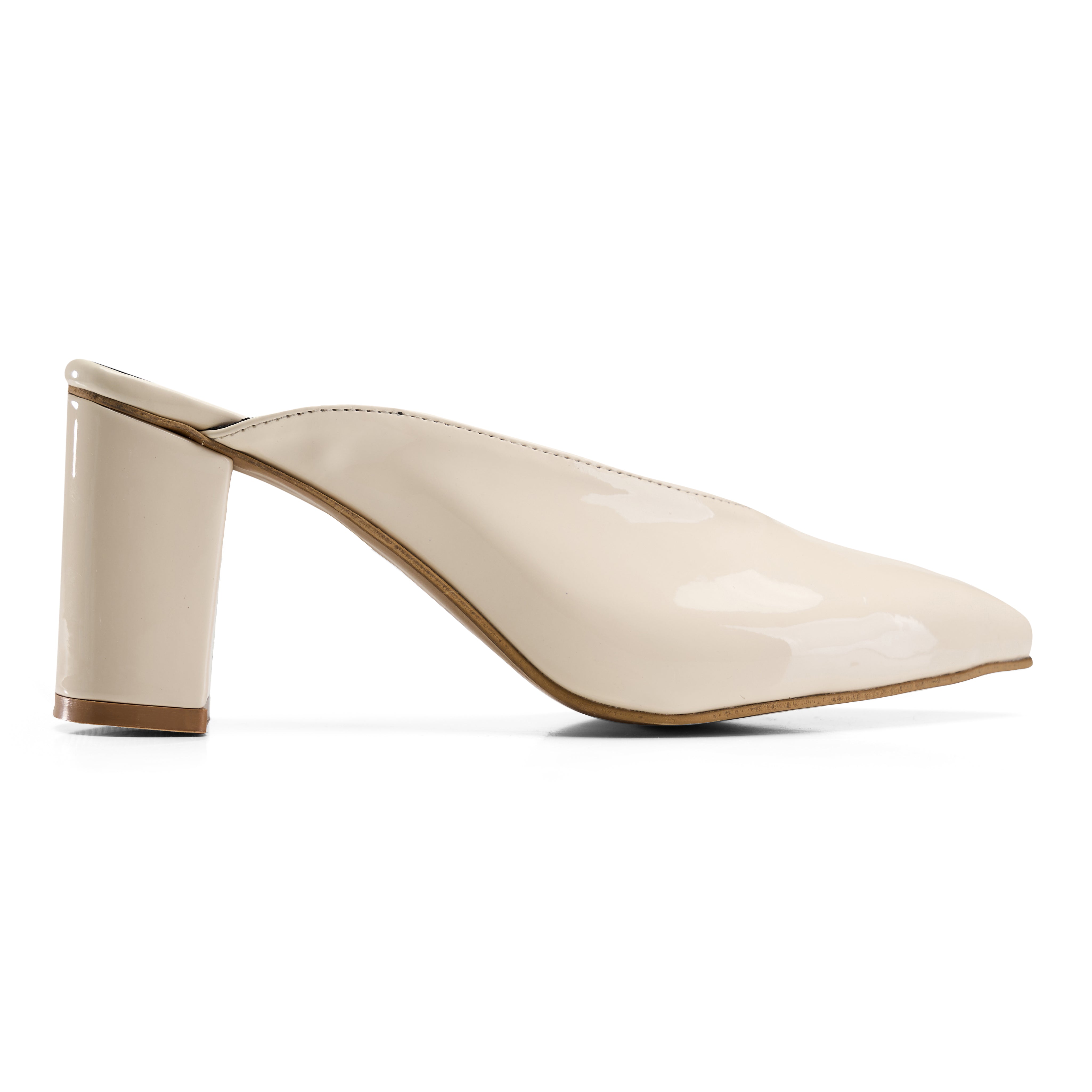 Glossy Block-Heel Pointed Mules - Beige