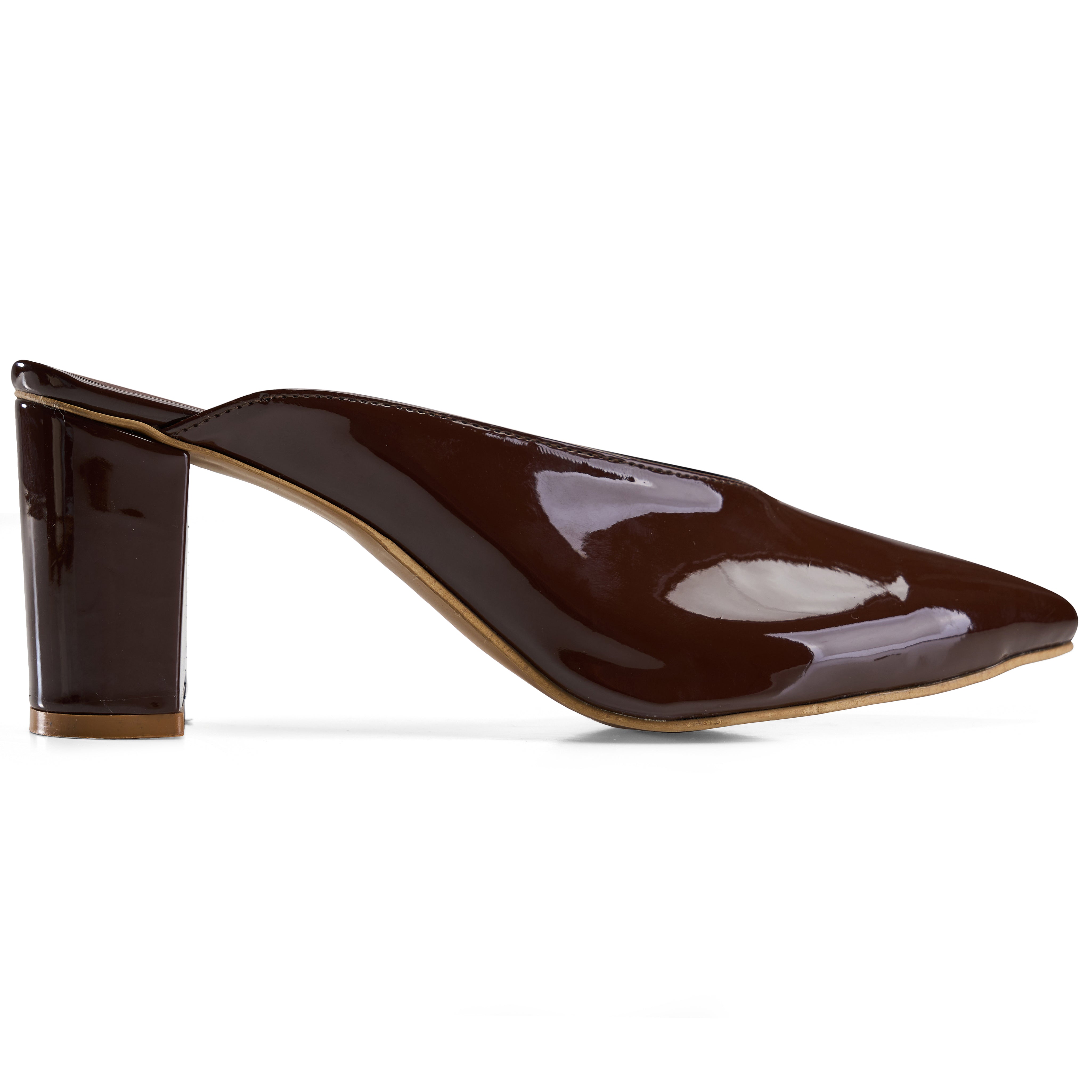 Glossy Block-Heel Pointed Mules - Brown