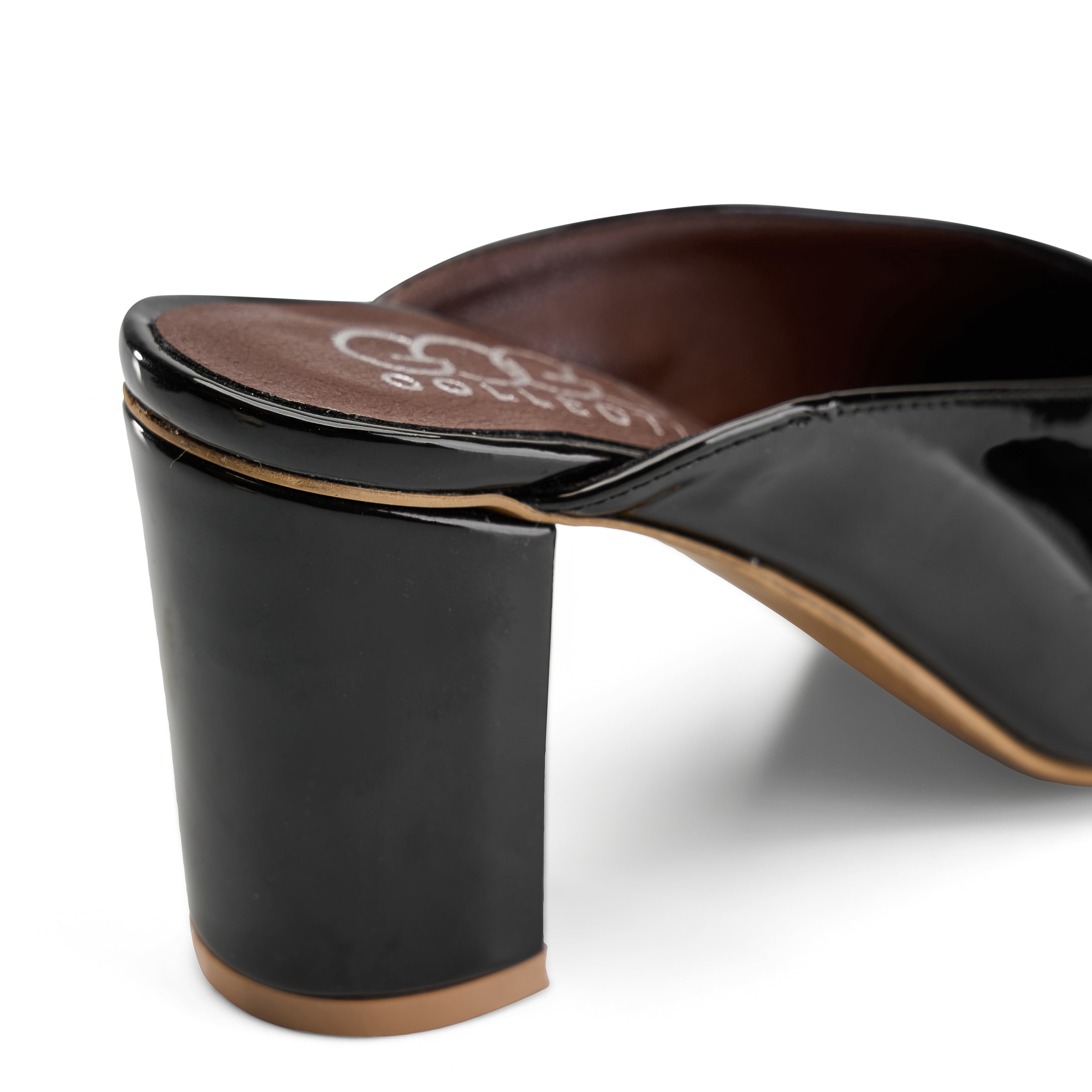 Glossy Block-Heel Pointed Mules - Black