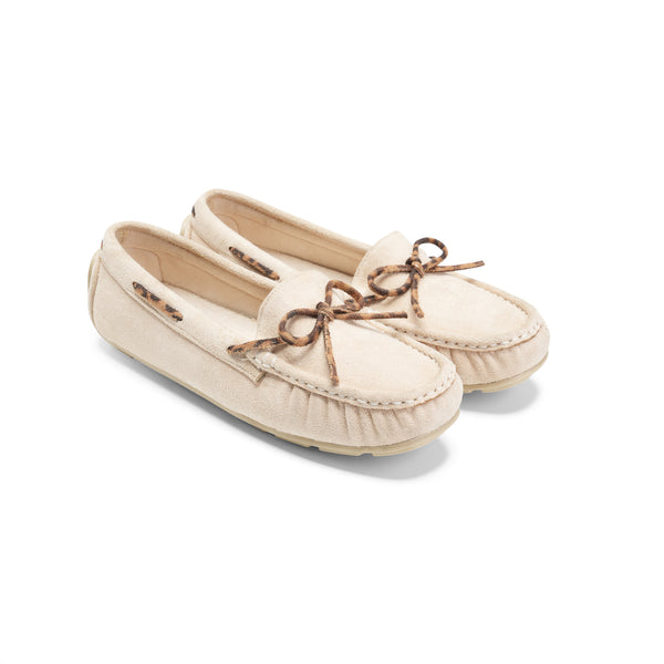 Suede Moccasin with Bow Detail  - beige