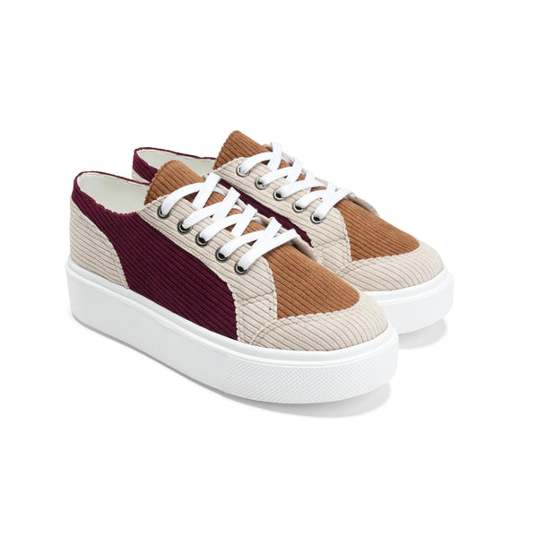 Multi-Tone Corduroy Sneakers with Leather Accents - Marron