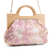 Artisan Floral Sequin Bag with Wooden Handle - Beige