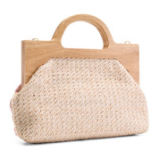 Artisan Floral Sequin Bag with Wooden Handle - Beige