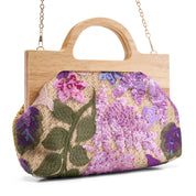 Artisan Floral Sequin Bag with Wooden Handle - Purple