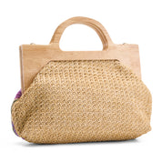 Artisan Floral Sequin Bag with Wooden Handle - Purple