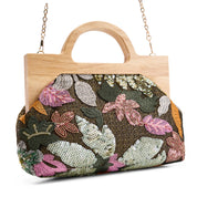 Artisan Floral Sequin Bag with Wooden Handle - Dark Green