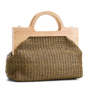 Artisan Floral Sequin Bag with Wooden Handle - Dark Green
