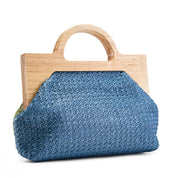 Artisan Floral Sequin Bag with Wooden Handle - Blue