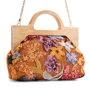 Artisan Floral Sequin Bag with Wooden Handle - Orange