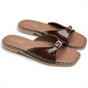 Sleek Curved-Strap Flat Slides - Brown