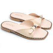Sleek Curved-Strap Flat Slides - Beige
