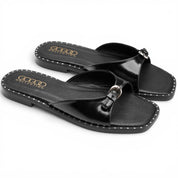 Sleek Curved-Strap Flat Slides - Black