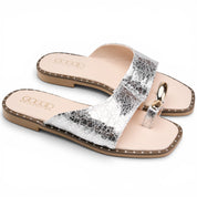 Chic Suede Toe-Ring Flat Mules - Silver