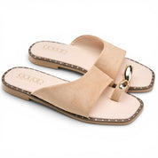 Chic Suede Toe-Ring Flat Mules - Beige