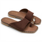 Chic Suede Toe-Ring Flat Mules - Brown