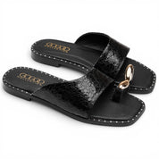 Chic Suede Toe-Ring Flat Mules - Black