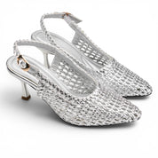 Woven Slingback Kitten Heels - Silver