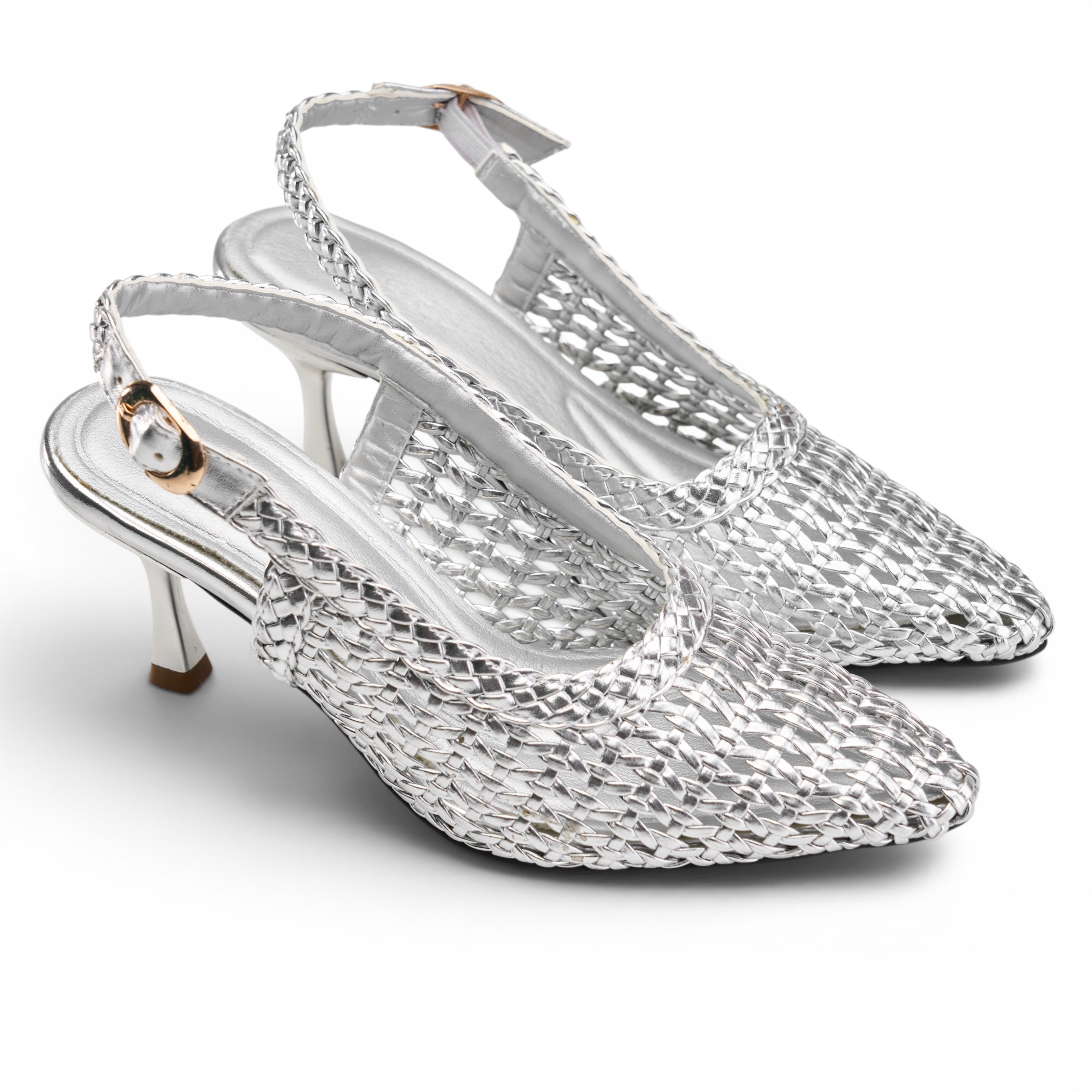 Woven Slingback Kitten Heels - Silver