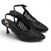 Woven Slingback Kitten Heels - Black