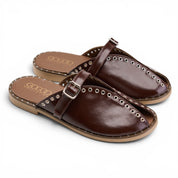 Grommet-Trim Cross-Strap Mules - Brown