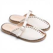 Grommet-Trim Cross-Strap Mules - White
