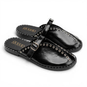 Grommet-Trim Cross-Strap Mules - Black