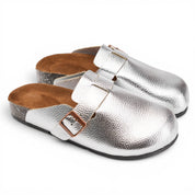 Metallic Pebble-Grain Clogs - Silver