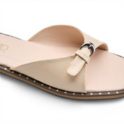 Sleek Curved-Strap Flat Slides - Beige
