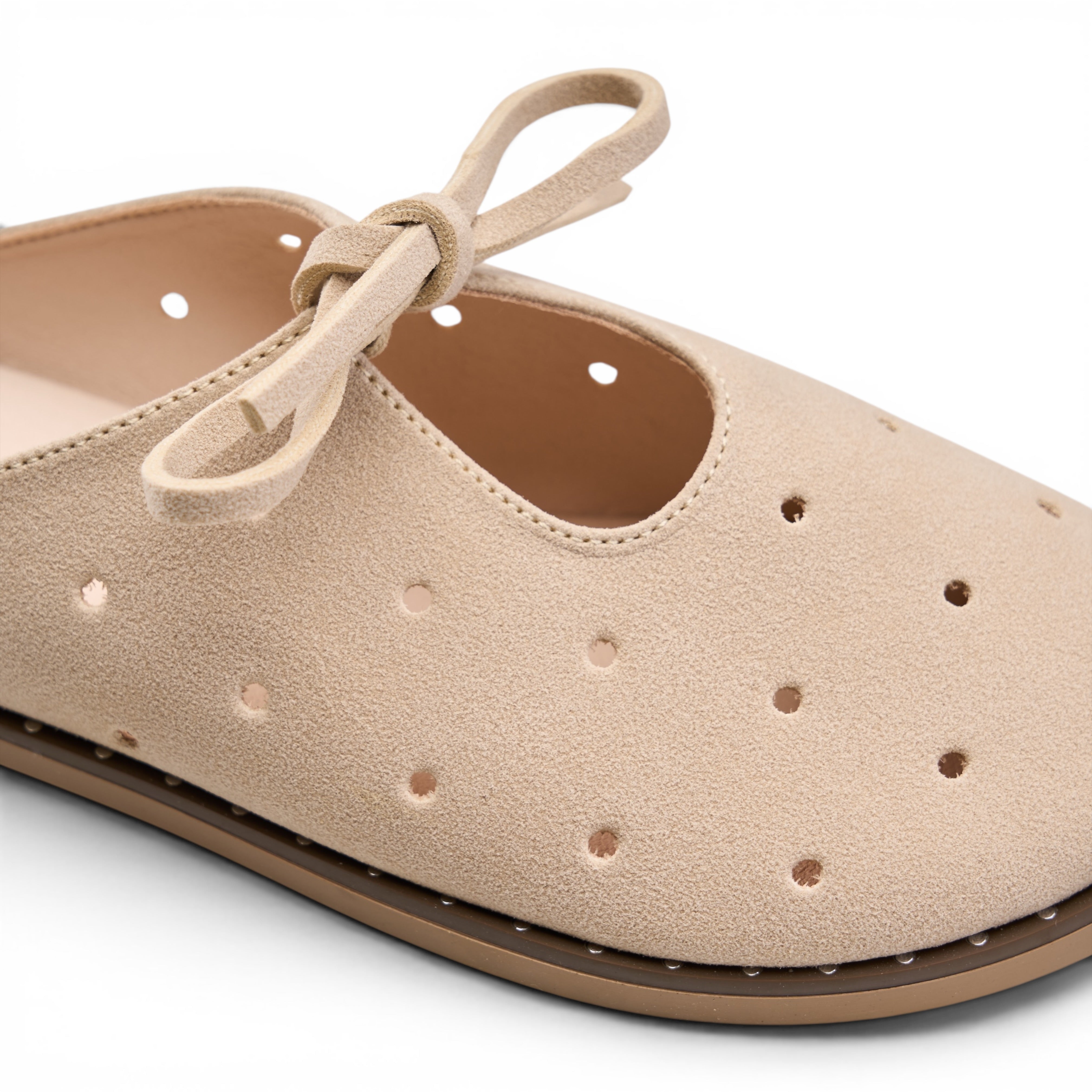 Bow-Tie Soft Suede Flat Mules - Beige