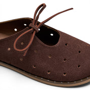 Bow-Tie Soft Suede Flat Mules - Brown