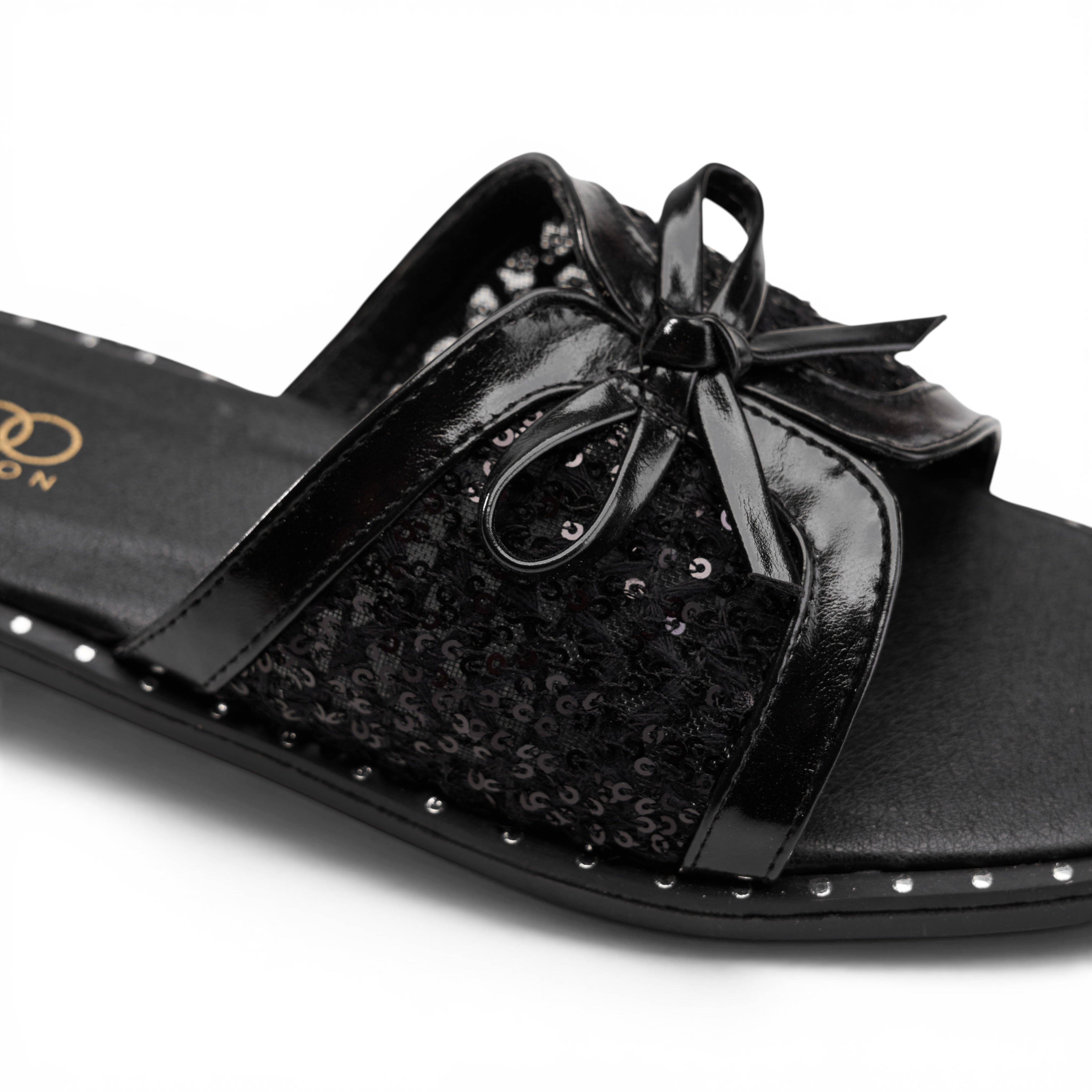 Glamour Bow Detail Flat Mules - Black