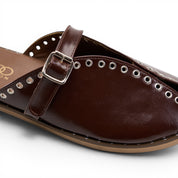 Grommet-Trim Cross-Strap Mules - Brown