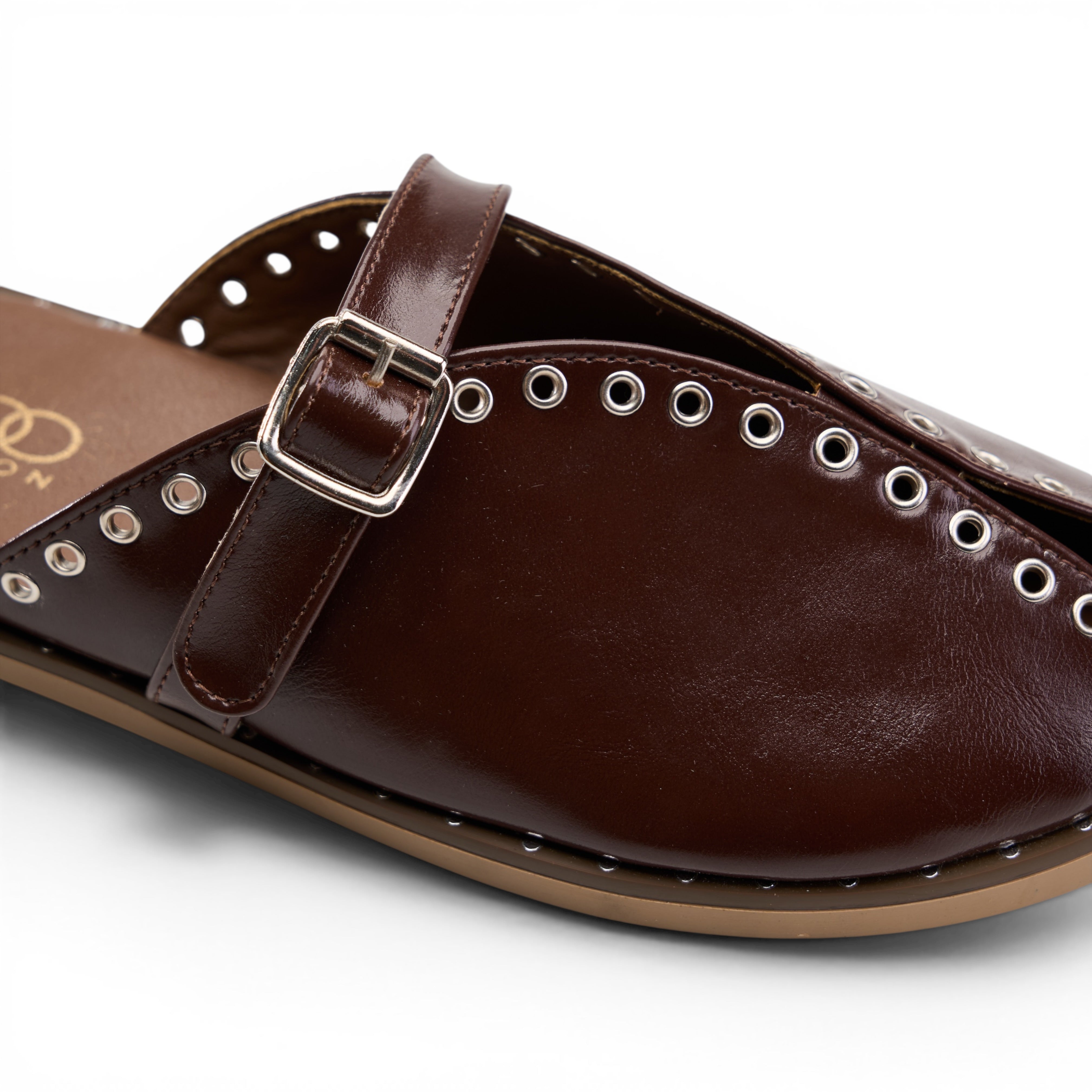 Grommet-Trim Cross-Strap Mules - Brown
