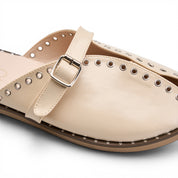 Grommet-Trim Cross-Strap Mules - Beige