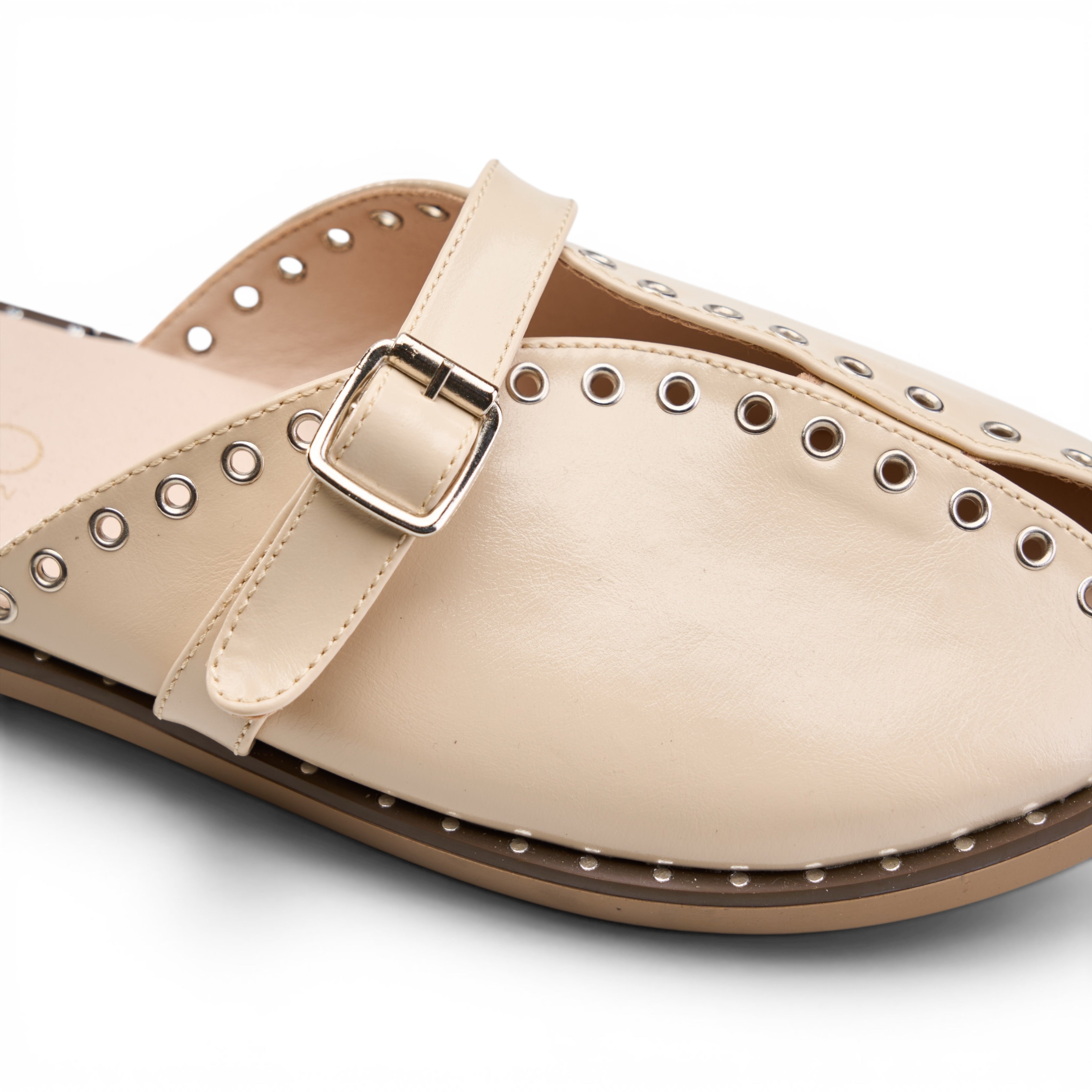 Grommet-Trim Cross-Strap Mules - Beige