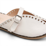 Grommet-Trim Cross-Strap Mules - White