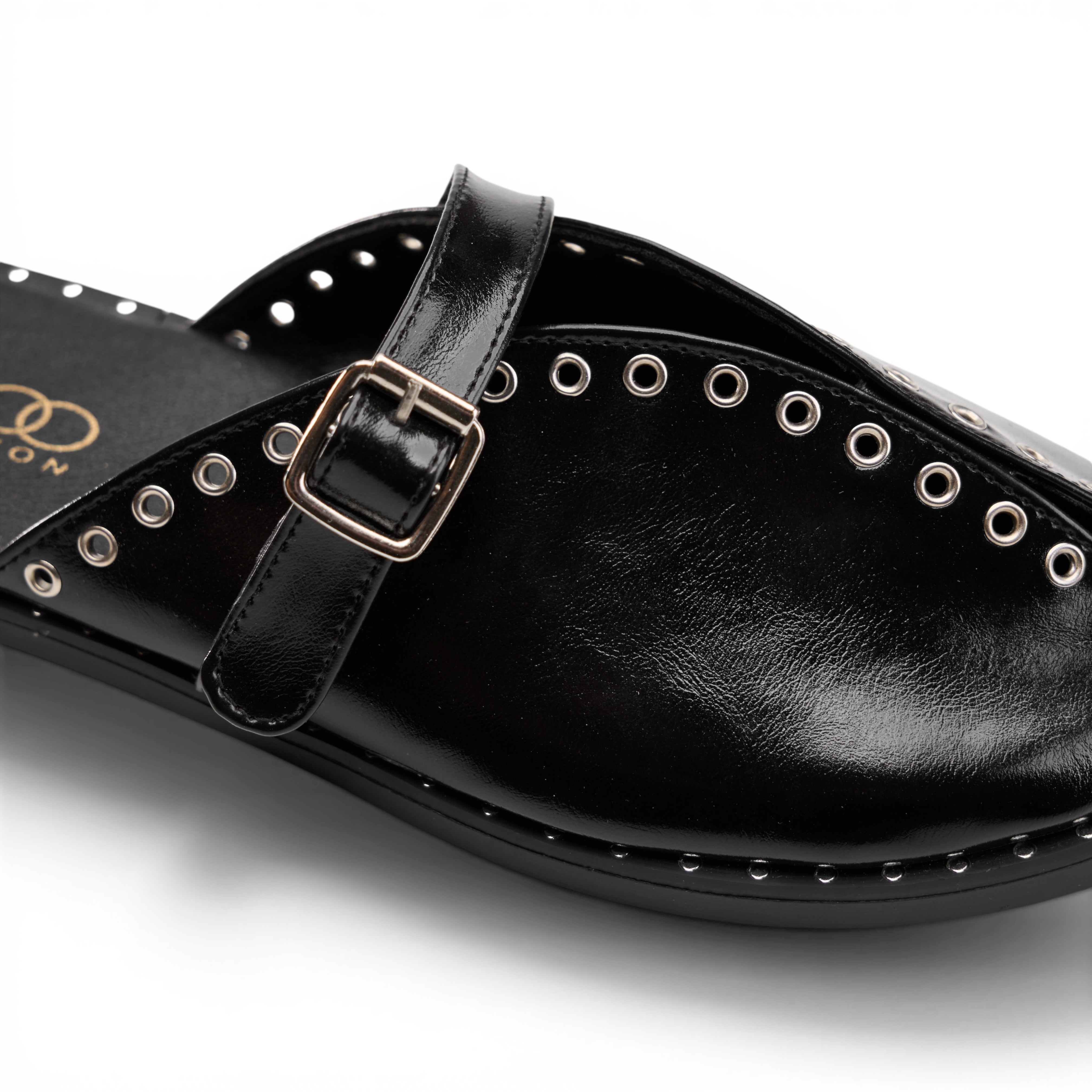 Grommet-Trim Cross-Strap Mules - Black