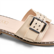 Chunky Buckle Square Toe Slides - Beige