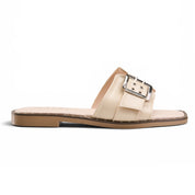 Chunky Buckle Square Toe Slides - Beige