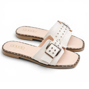 Chunky Buckle Square Toe Slides - White