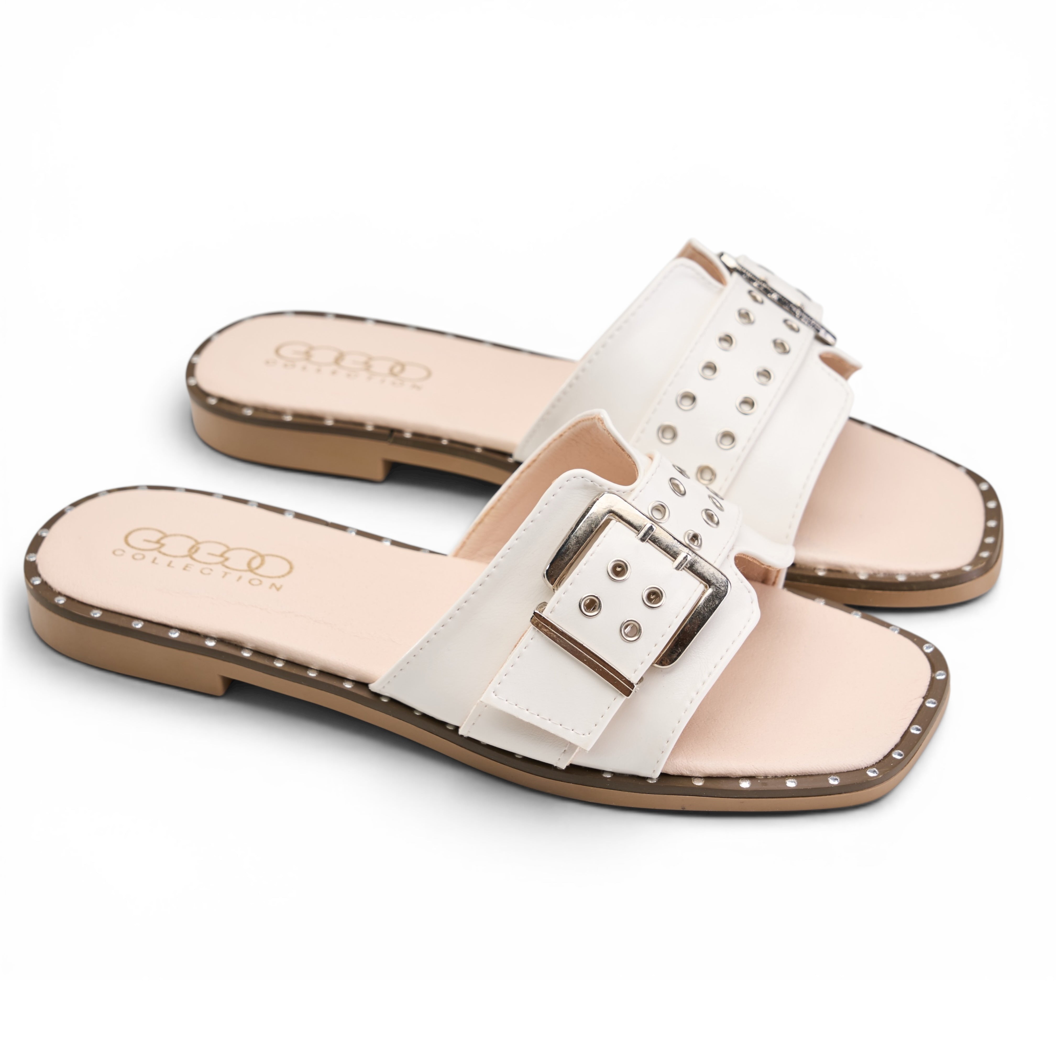 Chunky Buckle Square Toe Slides - White