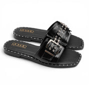 Chunky Buckle Square Toe Slides - Black