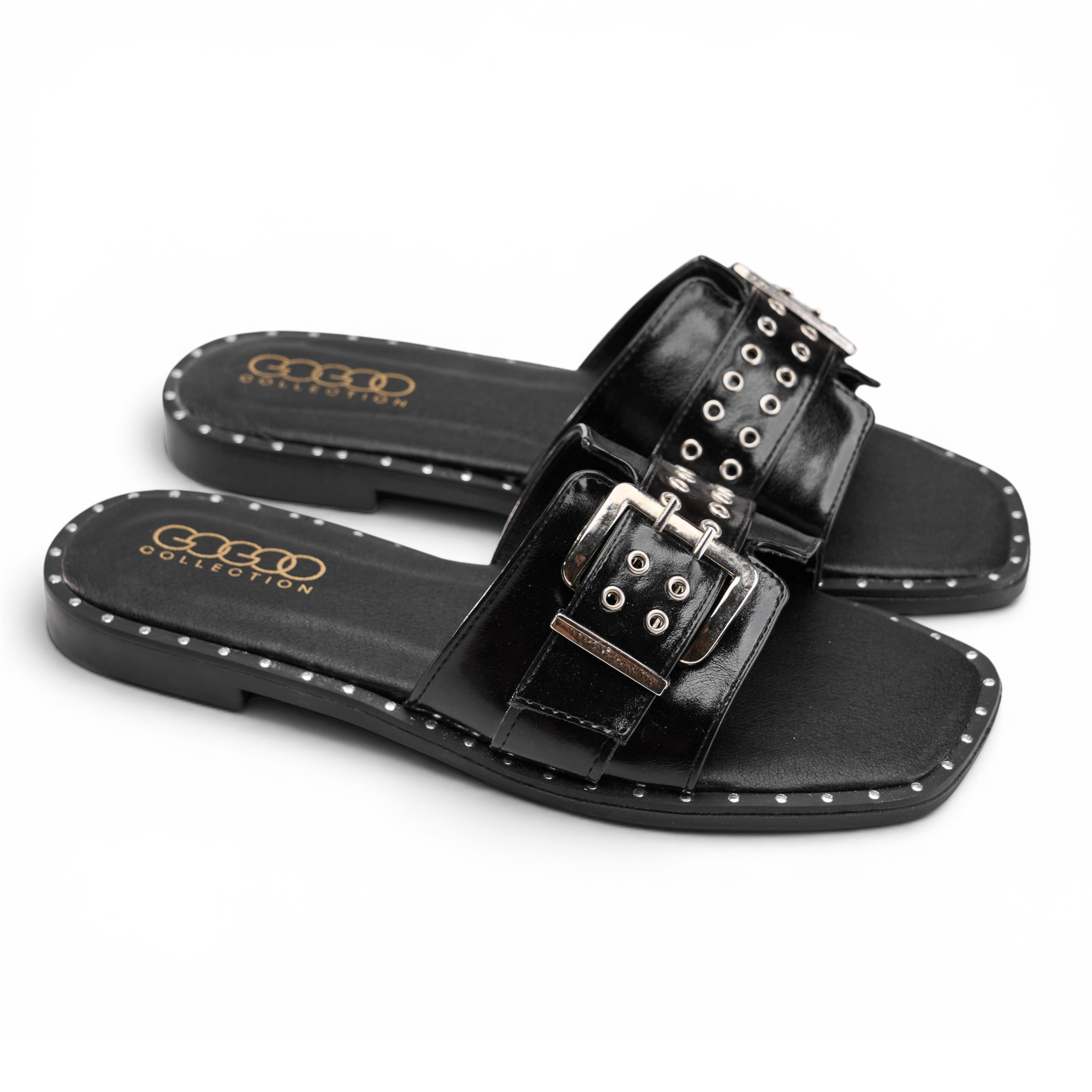 Chunky Buckle Square Toe Slides - Black