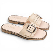 Chunky Buckle Square Toe Slides - Beige
