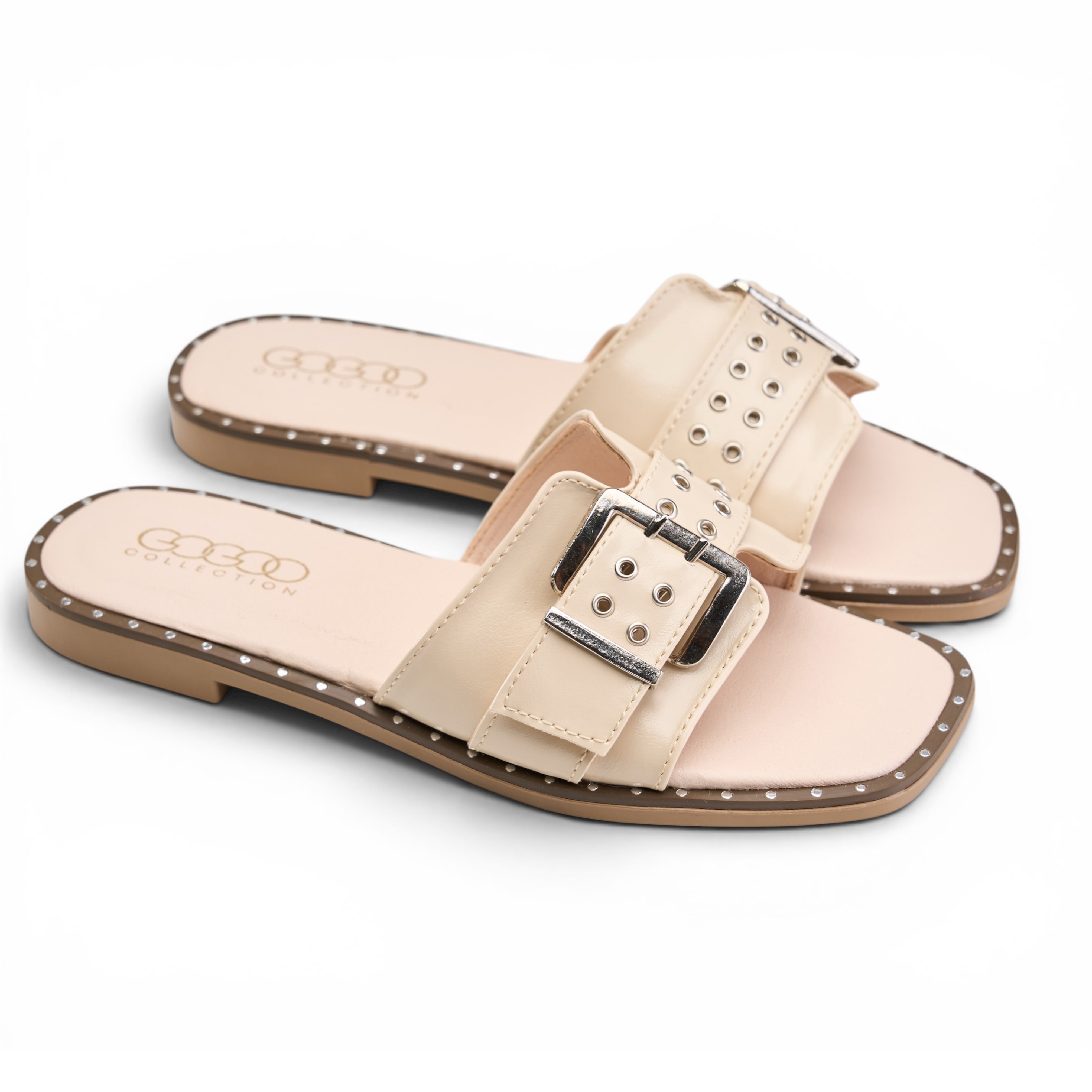 Chunky Buckle Square Toe Slides - Beige